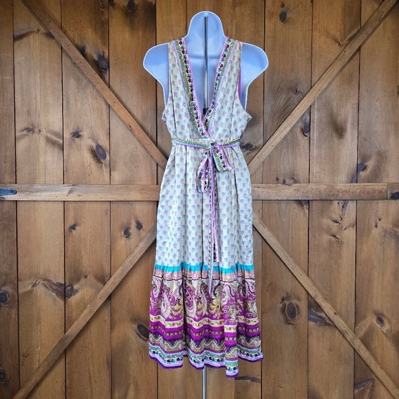 Mixit Midi Dress Womens 16 Multicolor Boho Paisley Floral Empire Waist Indie Y2K - Picture 5 of 13